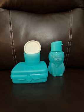 Tupperware Turquoise Kids Snack Box with Lion cup and small Container